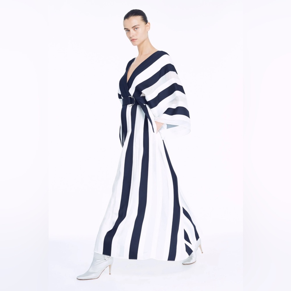 ADAM LIPPES Black & White Striped Kimono Sleeve V-Neck Midi Dress N246-1